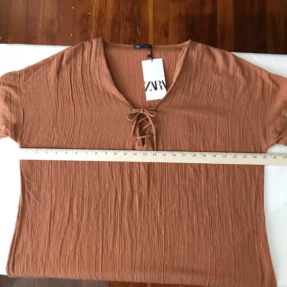 ZARA Dress Kaftan Coverup Lace Up Tie V Neck Frayed Hem Terra-Cotta Size Large - Picture 11 of 16
